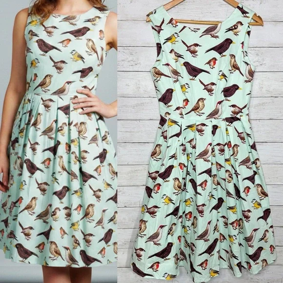 Luouse Retro Pinup Bird Print Fit And Flare Dress Mint Green Sleeveless Size Med - Picture 1 of 7
